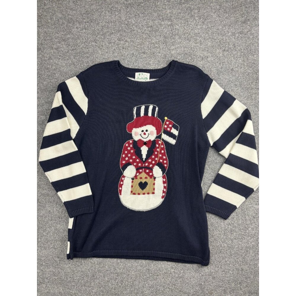 Vintage Quacker Factory Sweater Womens Large Patriotic Snowman Striped Stars 90s